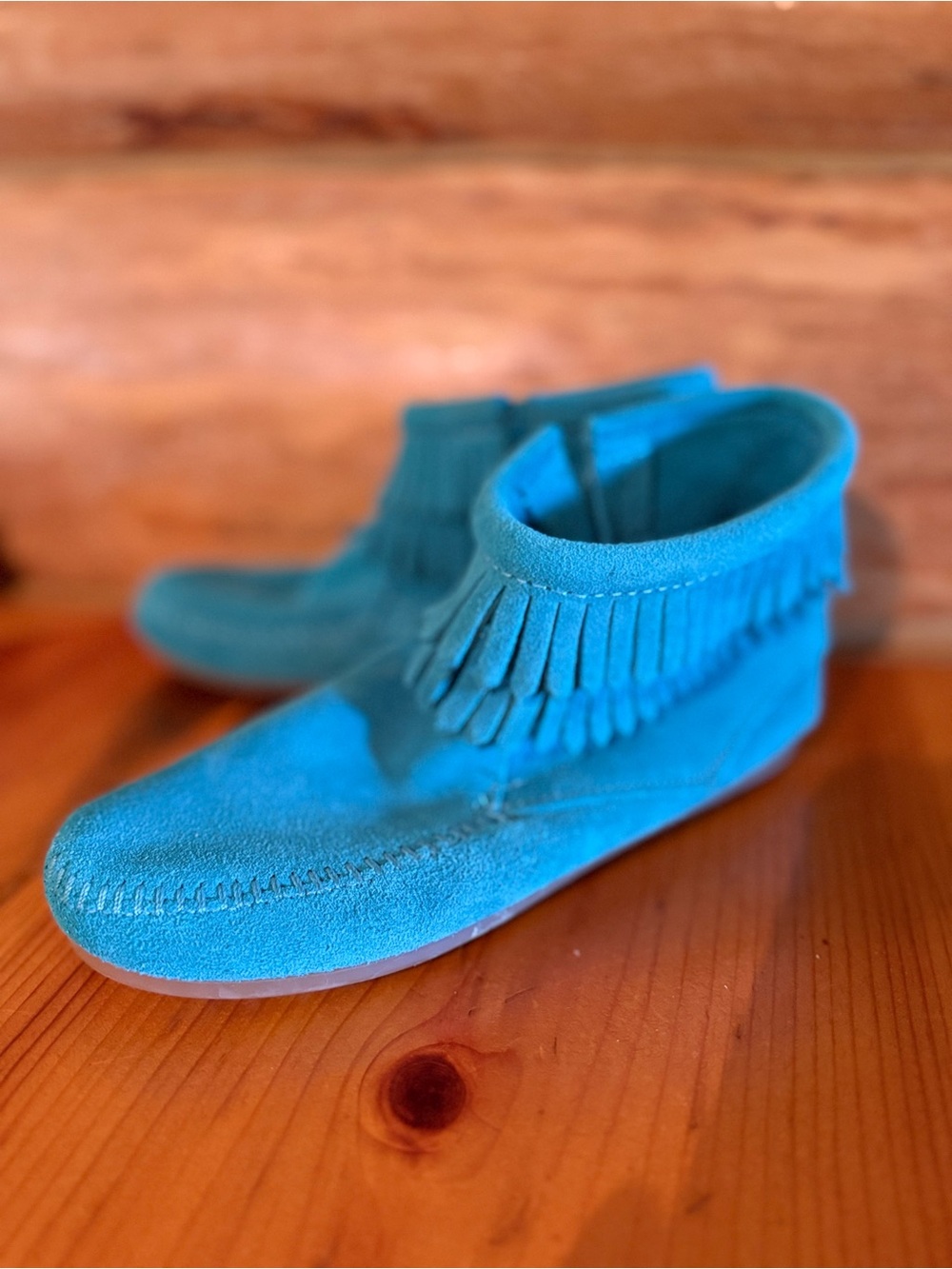Minnetonka Turquoise Suede Fringe Kids Moccasins